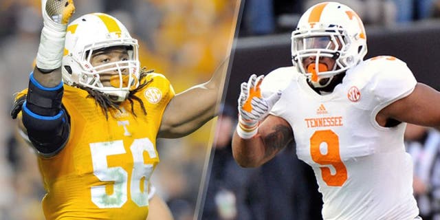 L - Nov 22, 2014; Knoxville, TN, USA; Tennessee Volunteers defensive lineman Curt Maggitt (56) during the first half against the Missouri Tigers at Neyland Stadium. Mandatory Credit: Randy Sartin-USA TODAY Sports R - NASHVILLE, TN - NOVEMBER 29: Derek Barnett #9 of the Tennessee Volunteers plays against the Vanderbilt Commodores at Vanderbilt Stadium on November 29, 2014 in Nashville, Tennessee. (Photo by Frederick Breedon/Getty Images)