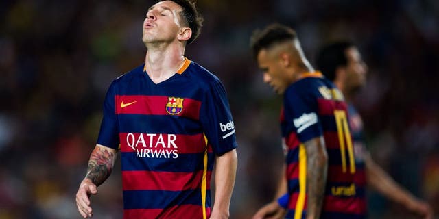 BARCELONA, SPAIN - AUGUST 29: Lionel Messi of FC Barcelona reacts during the La Liga match between FC Barcelona and Malaga CF at Camp Nou on August 29, 2015 in Barcelona, Spain. (Photo by Alex Caparros/Getty Images)