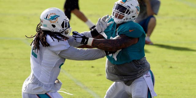 Miami Dolphins center Mike Pouncey, right, and linebacker Kelvin Sheppard, left, do drills during an NFL football training camp practice, Sunday, Aug. 16, 2015, in Davie, Fla. (AP Photo/Lynne Sladky)