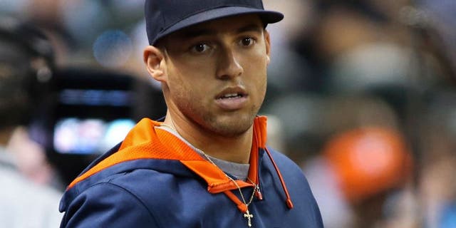 Aug 20, 2015; Houston, TX, USA; Houston Astros right fielder George Springer (4) in the dugout during the game against the Tampa Bay Rays at Minute Maid Park. Mandatory Credit: Troy Taormina-USA TODAY Sports