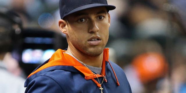 Aug 20, 2015; Houston, TX, USA; Houston Astros right fielder George Springer (4) in the dugout during the game against the Tampa Bay Rays at Minute Maid Park. Mandatory Credit: Troy Taormina-USA TODAY Sports