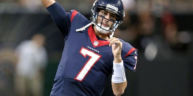 Aug 30, 2015; New Orleans, LA, USA; Houston Texans quarterback Brian Hoyer (7) throws before their game at against the New Orleans Saints the Mercedes-Benz Superdome. Mandatory Credit: Chuck Cook-USA TODAY Sports