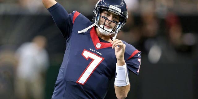 Aug 30, 2015; New Orleans, LA, USA; Houston Texans quarterback Brian Hoyer (7) throws before their game at against the New Orleans Saints the Mercedes-Benz Superdome. Mandatory Credit: Chuck Cook-USA TODAY Sports