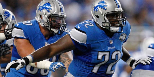 Aug 13, 2015; Detroit, MI, USA; Detroit Lions offensive guard Laken Tomlinson (72) looks to make a block during the second quarter of a preseason NFL football game against the New York Jets at Ford Field. Mandatory Credit: Raj Mehta-USA TODAY Sports