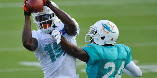 Aug 11, 2015; Davie, FL, USA; Miami Dolphins wide receiver Michael Preston (19) hauls in a catch in front of Miami Dolphins corner back Brice McCain (24) during training camp at Doctors Hospital Training Facility. Mandatory Credit: Steve Mitchell-USA TODAY Sports