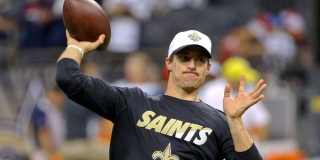 Aug 22, 2015; New Orleans, LA, USA; New Orleans Saints quarterback Drew Brees warms up prior to a preseason game against the New England Patriots the at Mercedes-Benz Superdome. Mandatory Credit: Derick E. Hingle-USA TODAY Sports