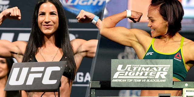 MEXICO CITY, MEXICO - JUNE 12: Tecia Torres of the United States steps on the scale during the UFC 188 weigh-in inside the Arena Ciudad de Mexico on June 12, 2015 in Mexico City, Mexico. (Photo by Josh Hedges/Zuffa LLC/Zuffa LLC via Getty Images) LAS VEGAS, NEVADA - JULY 11: Michelle Waterson steps onto the scale during the TUF 21 Finale Weigh-in at the UFC Fan Expo in the Sands Expo and Convention Center on July 11, 2015 in Las Vegas Nevada. (Photo by Brandon Magnus/Zuffa LLC/Zuffa LLC via Getty Images)