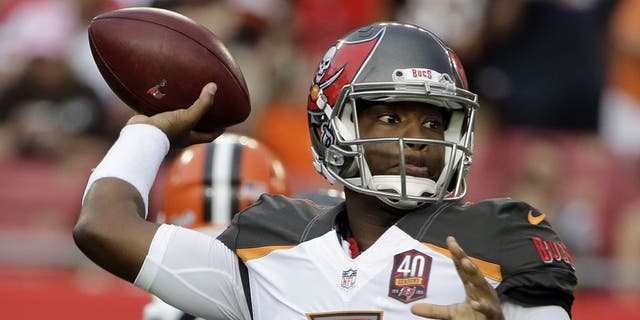 Tampa Bay Buccaneers quarterback Jameis Winston (3) throws a pass against the Cleveland Browns during the first quarter of an NFL preseason football game Saturday, Aug. 29, 2015, in Tampa, Fla. (AP Photo/Chris O'Meara)