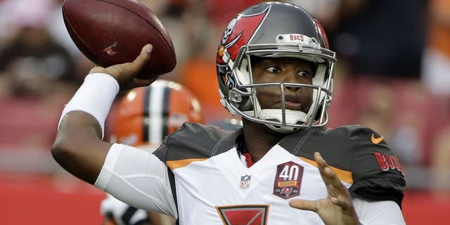Tampa Bay Buccaneers quarterback Jameis Winston (3) throws a pass against the Cleveland Browns during the first quarter of an NFL preseason football game Saturday, Aug. 29, 2015, in Tampa, Fla. (AP Photo/Chris O'Meara)