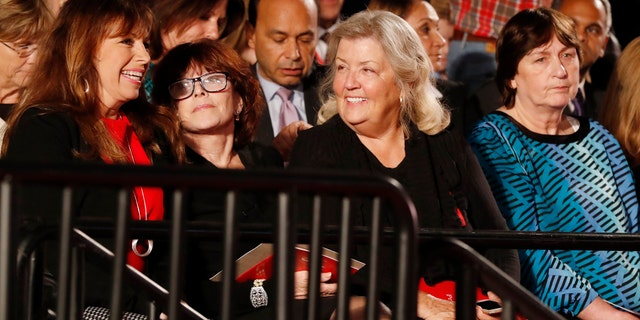 Paula Jones, Kathleen Willey, Juanita Broaddrick and Kathy Shelton (L-R) sit at the presidential town hall debate between Republican U.S. presidential nominee Donald Trump and Democratic U.S. presidential nominee Hillary Clinton at Washington University in St. Louis, Missouri, U.S., October 9, 2016. REUTERS/Lucy Nicholson - HT1ECAA035B1L