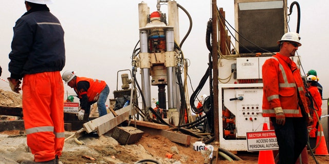 Aug. 31: Work is done on a new drill to be used in the rescue operation of 33 trapped miners at the San Jose mine in Copiapo, Chile.