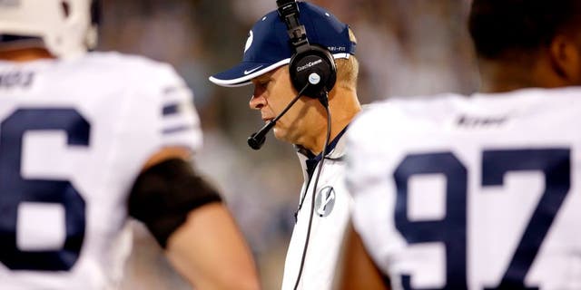 Aug 29, 2014; East Hartford, CT, USA; Brigham Young Cougars head coach Bronco Mendenhall watches from the sideline as they take on the Connecticut Huskies during the second quarter at Rentschler Field. Mandatory Credit: David Butler II-USA TODAY Sports