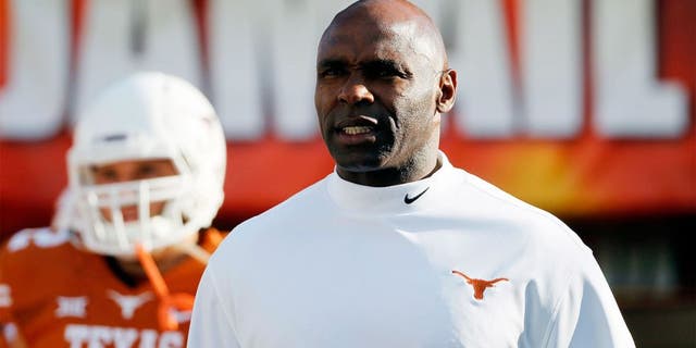 Aug 30, 2014; Austin, TX, USA; Texas Longhorns head coach Charlie Strong during warm ups before the game against the North Texas Mean Green at Darrell K Royal-Texas Memorial Stadium. Mandatory Credit: Soobum Im-USA TODAY Sports