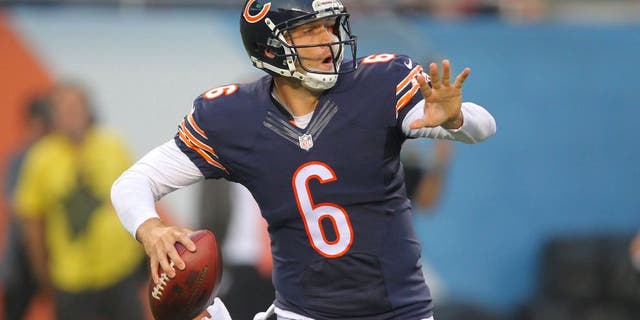 Aug 8, 2014; Chicago, IL, USA; Chicago Bears quarterback Jay Cutler (6) throws a pass during the first quarter of a preseason game against the Philadelphia Eagles at Soldier Field. Mandatory Credit: Dennis Wierzbicki-USA TODAY Sports