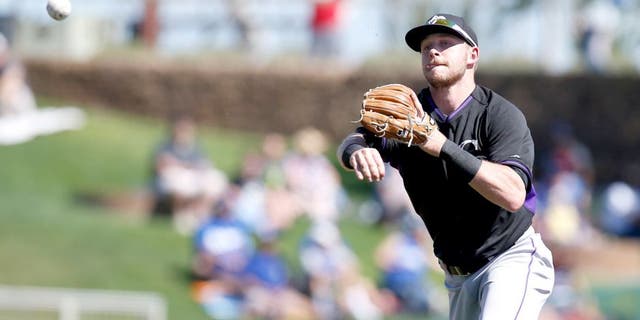 Mar 10, 2015; Phoenix, AZ, USA; Colorado Rockies shortstop Trevor Story (77) makes the off balance throw for the out against the Los Angeles Dodgers in the second inning during a spring training game at Camelback Ranch. Mandatory Credit: Rick Scuteri-USA TODAY Sports