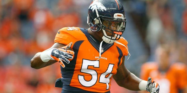 Sep 7, 2014; Denver, CO, USA; Denver Broncos linebacker Brandon Marshall (54) before the game against the Indianapolis Colts at Sports Authority Field at Mile High. Mandatory Credit: Chris Humphreys-USA TODAY Sports