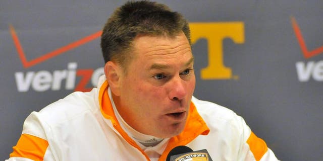 Nov 22, 2014; Knoxville, TN, USA; Tennessee Volunteers head coach Butch Jones talks with the media following the game against the Missouri Tigers at Neyland Stadium. Missouri won 29-21. Mandatory Credit: Jim Brown-USA TODAY Sports