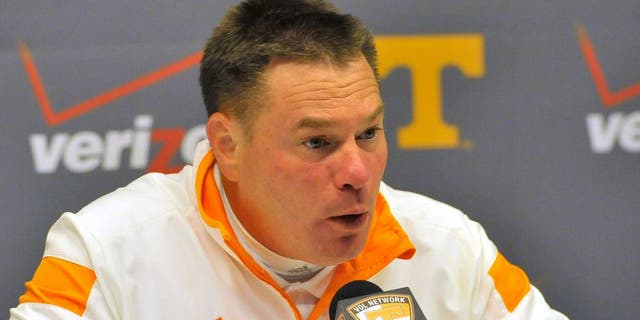Nov 22, 2014; Knoxville, TN, USA; Tennessee Volunteers head coach Butch Jones talks with the media following the game against the Missouri Tigers at Neyland Stadium. Missouri won 29-21. Mandatory Credit: Jim Brown-USA TODAY Sports