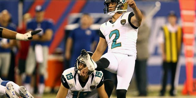 Aug 22, 2015; East Rutherford, NJ, USA; Jacksonville Jaguars kicker Jason Myers (2) kicks a field goal against the New York Giants during the first half at MetLife Stadium. Mandatory Credit: Danny Wild-USA TODAY Sports