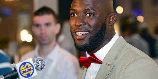 Jul 16, 2015; Hoover, AL, USA; LSU Tigers running back Leonard Fournette fields questions during SEC media days at the Wynfrey Hotel. Mandatory Credit: Kelly Lambert-USA TODAY Sports