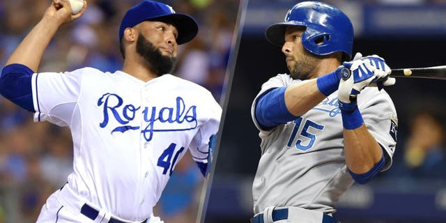 KANSAS CITY, MO - JULY 21: Kelvin Herrera #40 of the Kansas City Royals throws against the Pittsburgh Pirates at Kauffman Stadium on July 21, 2015 in Kansas City, Missouri. (Photo by Ed Zurga/Getty Images) ST. PETERSBURG, FL - AUGUST 28: Alex Rios #15 of the Kansas City Royals bats during a MLB game against the Tampa Bay Rays on August 28, 2015 at Tropicana Field in St. Petersburg, Florida. (Photo by Ronald C. Modra/Sports Imagery/Getty Images)