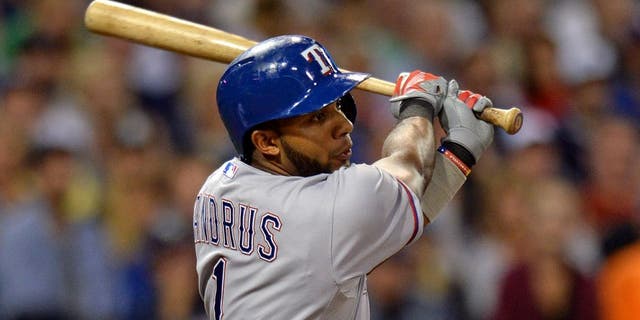 Sep 1, 2015; San Diego, CA, USA; Texas Rangers shortstop Elvis Andrus (1) hits an RBI single during the seventh inning against the San Diego Padres at Petco Park. Mandatory Credit: Jake Roth-USA TODAY Sports