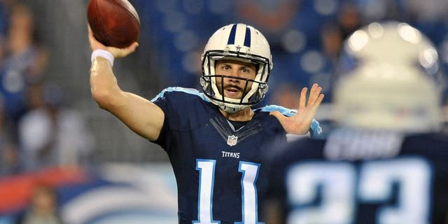 Aug 23, 2015; Nashville, TN, USA; Tennessee Titans quarterback Alex Tanney (11) passes against the St. Louis Rams during the second half at Nissan Stadium. Titans won 27-14. Mandatory Credit: Jim Brown-USA TODAY Sports