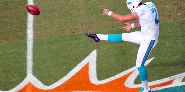 Sep 21, 2014; Miami Gardens, FL, USA; Miami Dolphins punter Brandon Fields (2) in the first quarter of the game at Sun Life Stadium. Mandatory Credit: Brad Barr-USA TODAY Sports