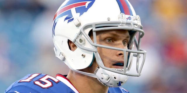 Aug 28, 2014; Orchard Park, NY, USA; Buffalo Bills wide receiver Chris Hogan (15) during the first half against the Detroit Lions at Ralph Wilson Stadium. Mandatory Credit: Timothy T. Ludwig-USA TODAY Sports