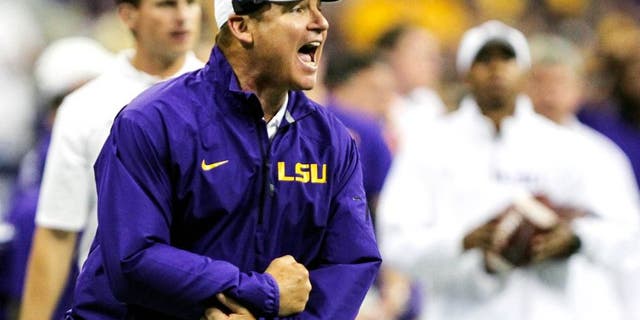 Aug 30, 2014; Houston, TX, USA; LSU Tigers head coach Les Miles reacts after a play during the second half against the Wisconsin Badgers at NRG Stadium. Mandatory Credit: Troy Taormina-USA TODAY Sports