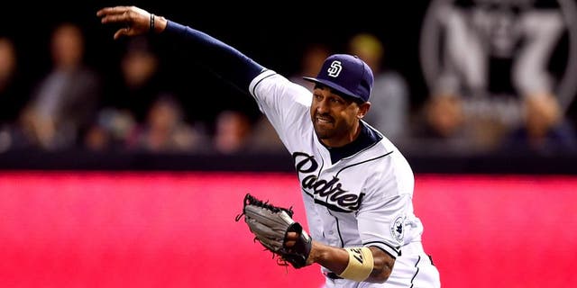 SAN DIEGO, CA - MAY 15: Matt Kemp #27 of the San Diego Padres makes a throw from right field during the game against the Washington Nationals at Petco Park on May 15, 2015 in San Diego, California. (Photo by Andy Hayt/San Diego Padres/Getty Images)