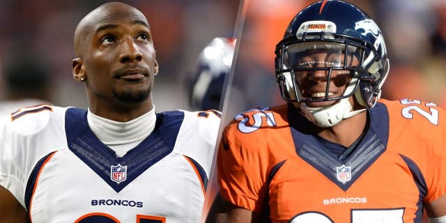 Aug 22, 2015; Houston, TX, USA; Denver Broncos cornerback Aqib Talib (21) prior to the game against the Houston Texans at NRG Stadium. Mandatory Credit: Matthew Emmons-USA TODAY Sports Dec 28, 2014; Denver, CO, USA; Denver Broncos cornerback Chris Harris Jr.(25) reacts during the game against the Oakland Raiders in the first quarter at Sports Authority Field at Mile High. Mandatory Credit: Ron Chenoy-USA TODAY Sports