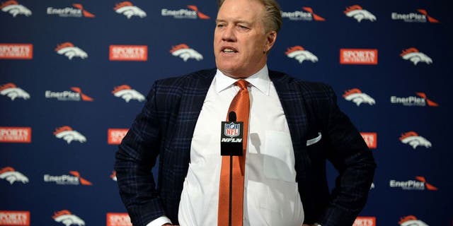 Jan 13, 2015; Englewood, CO, USA; Denver Broncos executive vice president of football operations/general manager John Elway speaks to the media at the Broncos training facility. Mandatory Credit: Ron Chenoy-USA TODAY Sports