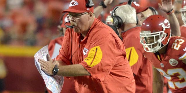 Aug 28, 2015; Kansas City, MO, USA; Kansas City Chiefs head coach Andy Reid reacts to play against the Tennessee Titans during the first half at Arrowhead Stadium. Mandatory Credit: Denny Medley-USA TODAY Sports