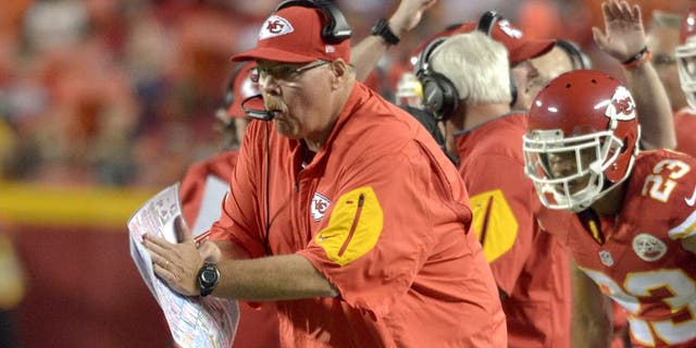 Aug 28, 2015; Kansas City, MO, USA; Kansas City Chiefs head coach Andy Reid reacts to play against the Tennessee Titans during the first half at Arrowhead Stadium. Mandatory Credit: Denny Medley-USA TODAY Sports