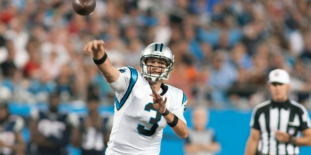 Aug 28, 2015; Charlotte, NC, USA; Carolina Panthers quarterback Derek Anderson (3) throws a pass during the third quarter against the New England Patriots at Bank of America Stadium. The Patriots defeated the Panthers 17-16. Mandatory Credit: Jeremy Brevard-USA TODAY Sports