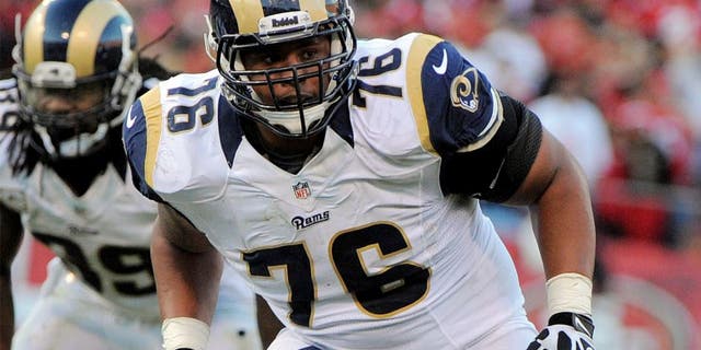 November 11, 2012; San Francisco, CA, USA; St. Louis Rams tackle Rodger Saffold (76) blocks a San Francisco 49ers outside linebacker during the fourth quarter at Candlestick Park. The 49ers and the Rams tied 24-24. Mandatory Credit: Kyle Terada-USA TODAY Sports