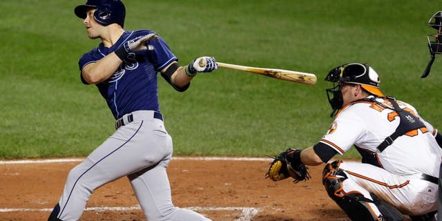 Tampa Bay Rays' Evan Longoria, left, watches his two-run home run in front of Baltimore Orioles catcher Matt Wieters and home plate umpire Cory Blaser in the third inning of a baseball game, Wednesday, Sept. 2, 2015, in Baltimore. (AP Photo/Patrick Semansky)
