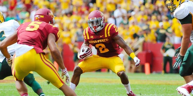 Aug 30, 2014; Ames, IA, USA; Iowa State Cyclones running back Aaron Wimberly (2) finds a hole against the North Dakota State Bison at Jack Trice Stadium. Mandatory Credit: Steven Branscombe-USA TODAY Sports