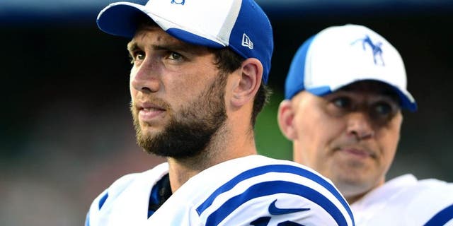 Aug 28, 2014; Cincinnati, OH, USA; Indianapolis Colts quarterback Andrew Luck (12) against the Cincinnati Bengals at Paul Brown Stadium. Mandatory Credit: Andrew Weber-USA TODAY Sports