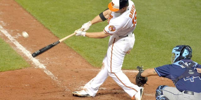 The Baltimore Orioles' Chris Davis crushes a solo home run against the Tampa Bay Rays at Oriole Park at Camden Yards in Baltimore on Wednesday, Sept. 2, 2015. The Orioles won, 7-6, in 11 innings on Davis' home run. (Karl Merton Ferron/Baltimore Sun/TNS via Getty Images)