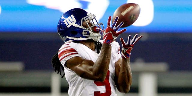 Sep 3, 2015; Foxborough, MA, USA; New York Giants wide receiver Geremy Davis (9) makes a reception during the fourth quarter against the New England Patriots at Gillette Stadium. Mandatory Credit: Stew Milne-USA TODAY Sports