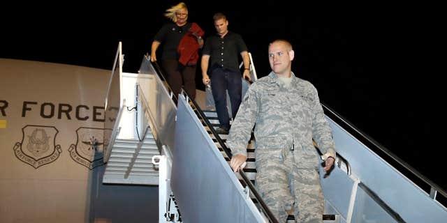 Sept. 3, 2015: U.S. Air Force Airman 1st Class Spencer Stone, one of three Americans that tackled a heavily armed gunman on a Paris-bound train, arrives at Travis Air Force Base in Fairfield, Calif.