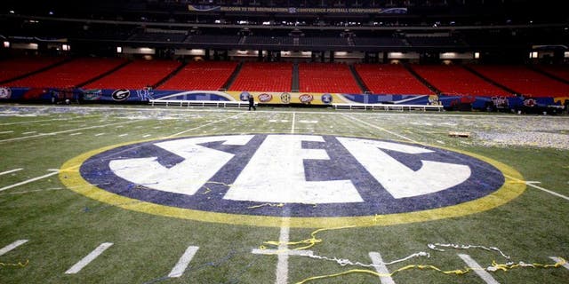 Dec 3, 2011; Atlanta, GA, USA; A general view of the SEC logo at mid-field after the 2011 SEC championship game between the LSU Tigers and Georgia Bulldogs at the Georgia Dome. Mandatory Credit: Derick E. Hingle-USA TODAY Sports