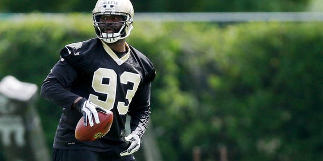 May 29, 2014; Metairie, LA, USA; New Orleans Saints linebacker Junior Galette (93) during organized team activities at the New Orleans Saints Training Facility. Mandatory Credit: Derick E. Hingle-USA TODAY Sports