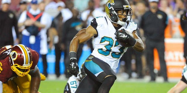 Sep 3, 2015; Landover, MD, USA; Jacksonville Jaguars running back Corey Grant (33) rushes the ball against the Washington Redskins during the second half at FedEx Field. The Jacksonville Jaguars won 17 - 16. Mandatory Credit: Brad Mills-USA TODAY Sports