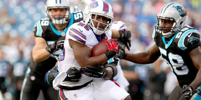 Aug 14, 2015; Orchard Park, NY, USA; Buffalo Bills running back LeSean McCoy (25) runs the ball against the Carolina Panthers during the first quarter in a preseason NFL football game at Ralph Wilson Stadium. Mandatory Credit: Timothy T. Ludwig-USA TODAY Sports