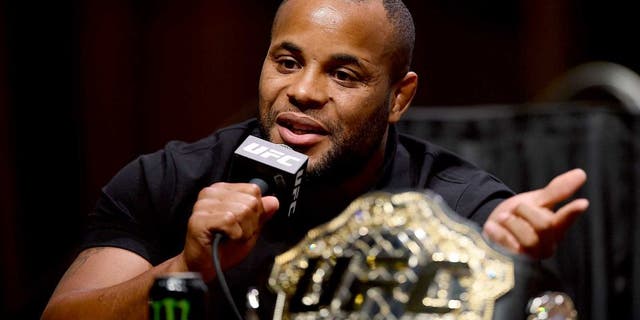 LAS VEGAS, NV - SEPTEMBER 04: UFC light heavyweight champion Daniel Cormier speaks to the media and fans during the UFC's Go Big launch event inside MGM Grand Garden Arena on September 4, 2015 in Las Vegas, Nevada. (Photo by Josh Hedges/Zuffa LLC/Zuffa LLC via Getty Images)