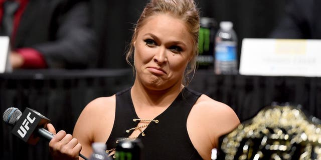 LAS VEGAS, NV - SEPTEMBER 04: UFC women's bantamweight champion Ronda Rousey speaks to the media and fans during the UFC's Go Big launch event inside MGM Grand Garden Arena on September 4, 2015 in Las Vegas, Nevada. (Photo by Josh Hedges/Zuffa LLC/Zuffa LLC via Getty Images)