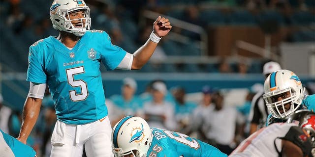 MIAMI GARDENS, FL - SEPTEMBER 03: Josh Freeman #5 of the Miami Dolphins calls a play during a preseason game against the Tampa Bay Buccaneers at Sun Life Stadium on September 3, 2015 in Miami Gardens, Florida. (Photo by Mike Ehrmann/Getty Images)